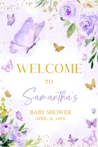682 Gold Purple Butterfly Baby Shower Welcome Sign 24x36: 682 Gold Purple Butterfly Baby Shower Welcome Sign