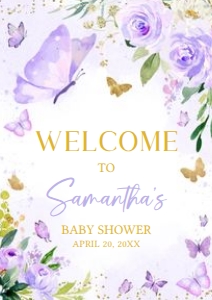 682 Gold Purple Butterfly Baby Shower Welcome Sign A4: 682 Gold Purple Butterfly Baby Shower Welcome Sign