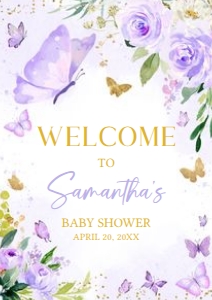 682 Gold Purple Butterfly Baby Shower Welcome Sign A3: 682 Gold Purple Butterfly Baby Shower Welcome Sign