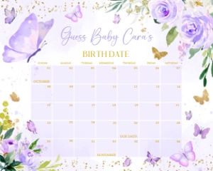 682 Gold Purple Butterfly Baby Shower Calendar 10x8: 682 Gold Purple Butterfly Baby Shower Calendar
