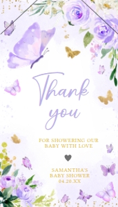 682 Gold Purple Butterfly Baby Shower Favor Tag with Line: 682 Gold Purple Butterfly Baby Shower Favor Tag