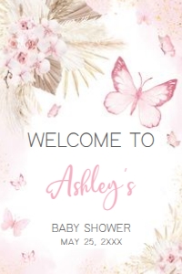 689 Pink Boho Butterfly Baby Shower Welcome Sign 20x30: 689 Pink Boho Butterfly Baby Shower Welcome Sign
