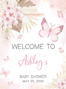 689 Pink Boho Butterfly Baby Shower Welcome Sign 18x24: 689 Pink Boho Butterfly Baby Shower Welcome Sign