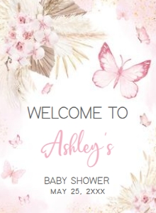689 Pink Boho Butterfly Baby Shower Welcome Sign 11x15: 689 Pink Boho Butterfly Baby Shower Welcome Sign