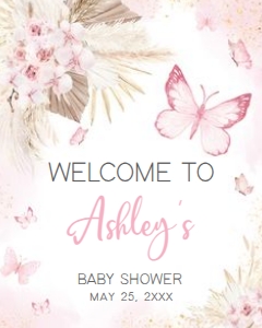 689 Pink Boho Butterfly Baby Shower Welcome Sign 16x20: 689 Pink Boho Butterfly Baby Shower Welcome Sign