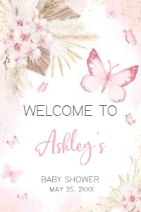 689 Pink Boho Butterfly Baby Shower Welcome Sign 24x36: 689 Pink Boho Butterfly Baby Shower Welcome Sign