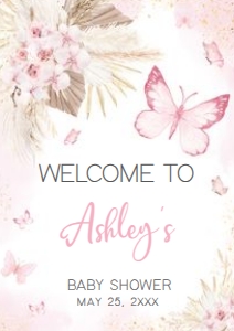 689 Pink Boho Butterfly Baby Shower Welcome Sign A4: 689 Pink Boho Butterfly Baby Shower Welcome Sign