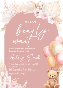 692 Boho Pink Bear Baby Shower Invitation: 692 Boho Pink Bear Baby Shower Invitation