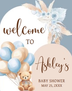 690 Blue Boho Bear Baby Shower Welcome Sign 16x20: 690 Blue Boho Bear Baby Shower Welcome Sign