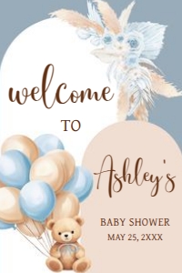 690 Blue Boho Bear Baby Shower Welcome Sign 20x30: 690 Blue Boho Bear Baby Shower Welcome Sign
