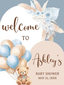 690 Blue Boho Bear Baby Shower Welcome Sign 18x24: 690 Blue Boho Bear Baby Shower Welcome Sign
