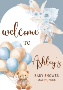 690 Blue Boho Bear Baby Shower Welcome Sign A4: 690 Blue Boho Bear Baby Shower Welcome Sign