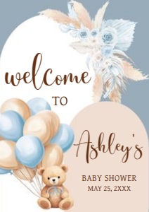 690 Blue Boho Bear Baby Shower Welcome Sign A2: 690 Blue Boho Bear Baby Shower Welcome Sign