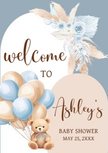 690 Blue Boho Bear Baby Shower Welcome Sign A1: 690 Blue Boho Bear Baby Shower Welcome Sign
