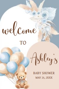 690 Blue Boho Bear Baby Shower Welcome Sign 24x36: 690 Blue Boho Bear Baby Shower Welcome Sign