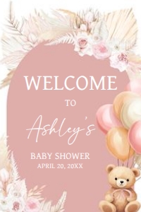 692 Boho Pink Bear Baby Shower Welcome Sign 20x30: 692 Boho Pink Bear Baby Shower Welcome Sign