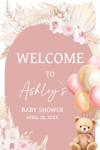 692 Boho Pink Bear Baby Shower Welcome Sign 24x36: 692 Boho Pink Bear Baby Shower Welcome Sign