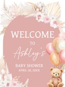 692 Boho Pink Bear Baby Shower Welcome Sign 18x24: 692 Boho Pink Bear Baby Shower Welcome Sign
