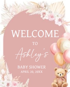 692 Boho Pink Bear Baby Shower Welcome Sign 16x20: 692 Boho Pink Bear Baby Shower Welcome Sign