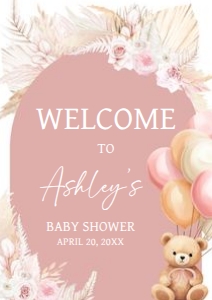 692 Boho Pink Bear Baby Shower Welcome Sign A1: 692 Boho Pink Bear Baby Shower Welcome Sign
