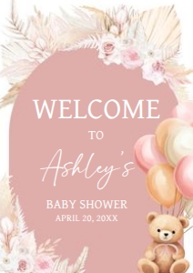 692 Boho Pink Bear Baby Shower Welcome Sign A2: 692 Boho Pink Bear Baby Shower Welcome Sign