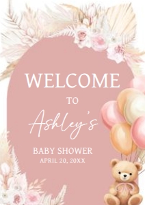 692 Boho Pink Bear Baby Shower Welcome Sign A4: 692 Boho Pink Bear Baby Shower Welcome Sign