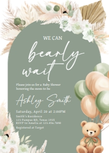 693 Boho Green Bear Baby Shower Invitation: 693 Boho Green Bear Baby Shower Invitation