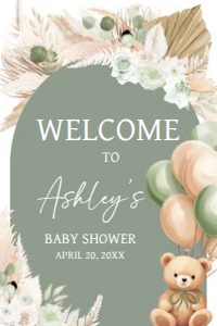 693 Boho Green Bear Baby Shower Welcome Sign 24x36: 693 Boho Green Bear Baby Shower Welcome Sign