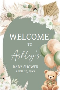 693 Boho Green Bear Baby Shower Welcome Sign 20x30: 693 Boho Green Bear Baby Shower Welcome Sign