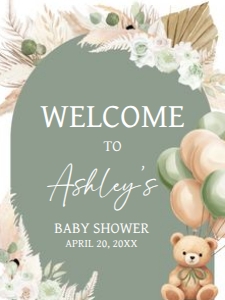 693 Boho Green Bear Baby Shower Welcome Sign 18x24: 693 Boho Green Bear Baby Shower Welcome Sign