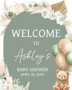 693 Boho Green Bear Baby Shower Welcome Sign 16x20: 693 Boho Green Bear Baby Shower Welcome Sign
