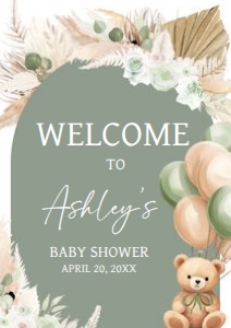 693 Boho Green Bear Baby Shower Welcome Sign A1: 693 Boho Green Bear Baby Shower Welcome Sign