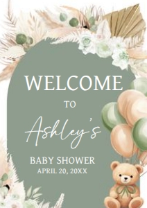 693 Boho Green Bear Baby Shower Welcome Sign A3: 693 Boho Green Bear Baby Shower Welcome Sign