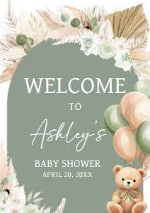 693 Boho Green Bear Baby Shower Welcome Sign A4: 693 Boho Green Bear Baby Shower Welcome Sign