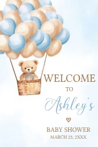 697 Blue Hot Air Balloon Bear Baby Shower Welcome Sign 20X30: 697 Blue Hot Air Balloon Bear Baby Shower Welcome Sign