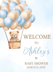 697 Blue Hot Air Balloon Bear Baby Shower Welcome Sign 11x15: 697 Blue Hot Air Balloon Bear Baby Shower Welcome Sign