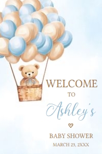 697 Blue Hot Air Balloon Bear Baby Shower Welcome Sign 24x36: 697 Blue Hot Air Balloon Bear Baby Shower Welcome Sign