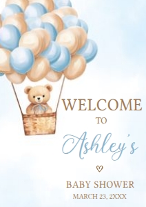 697 Blue Hot Air Balloon Bear Baby Shower Welcome Sign A4: 697 Blue Hot Air Balloon Bear Baby Shower Welcome Sign
