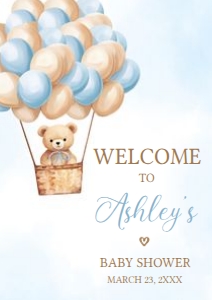 697 Blue Hot Air Balloon Bear Baby Shower Welcome Sign A1: 697 Blue Hot Air Balloon Bear Baby Shower Welcome Sign