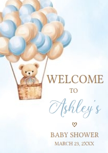 697 Blue Hot Air Balloon Bear Baby Shower Welcome Sign A2: 697 Blue Hot Air Balloon Bear Baby Shower Welcome Sign