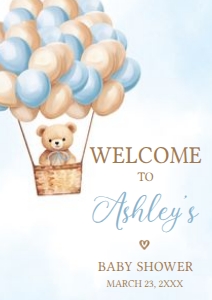 697 Blue Hot Air Balloon Bear Baby Shower Welcome Sign A3: 697 Blue Hot Air Balloon Bear Baby Shower Welcome Sign