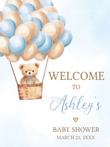 697 Blue Hot Air Balloon Bear Baby Shower Welcome Sign 18x24: 697 Blue Hot Air Balloon Bear Baby Shower Welcome Sign