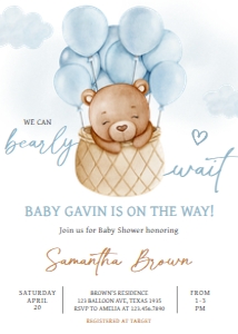 695 Blue Bear Hot Air Balloon Baby Shower Invitation: 695 Blue Bear Hot Air Balloon Baby Shower Invitation