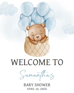 695 Blue Bear Hot Air Balloon Baby Shower Welcome Sign 16x20: 695 Blue Bear Hot Air Balloon Baby Shower Welcome Sign