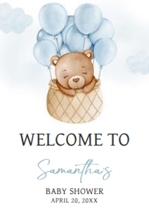 695 Blue Bear Hot Air Balloon Baby Shower Welcome Sign A4: 695 Blue Bear Hot Air Balloon Baby Shower Welcome Sign