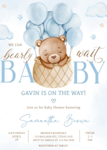 696 Blue Hot Air Balloon Baby Bear Baby Shower Invitation: 696 Blue Hot Air Balloon Baby Bear Baby Shower Invitation