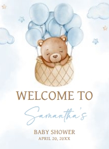 696 Blue Hot Air Balloon Baby Bear Baby Shower Welcome Sign 11x15: 696 Blue Hot Air Balloon Baby Bear Baby Shower Welcome Sign