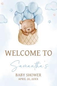 696 Blue Hot Air Balloon Baby Bear Baby Shower Welcome Sign 20x30: 696 Blue Hot Air Balloon Baby Bear Baby Shower Welcome Sign