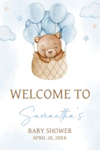 696 Blue Hot Air Balloon Baby Bear Baby Shower Welcome Sign 24x36: 696 Blue Hot Air Balloon Baby Bear Baby Shower Welcome Sign