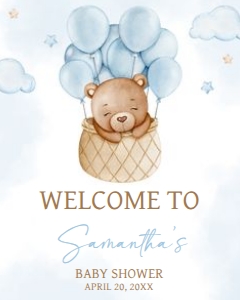 696 Blue Hot Air Balloon Baby Bear Baby Shower Welcome Sign 16x20: 696 Blue Hot Air Balloon Baby Bear Baby Shower Welcome Sign